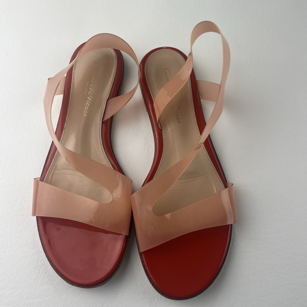 Gianvito Rossi Plexi Flat Sandals Red Patent Leather Pink PVC Straps Size 36